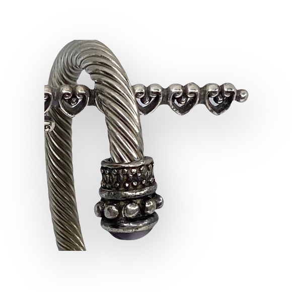 Vintage: Purple Cats Eye Cabochon Gems ❁ Twisted Silver Cable Bangle Bracelet ❁ - Picture 9 of 16